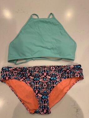 aerie Turquoise High-Neck Bikini Top with Coral Lined Multi-Color Print Bottom